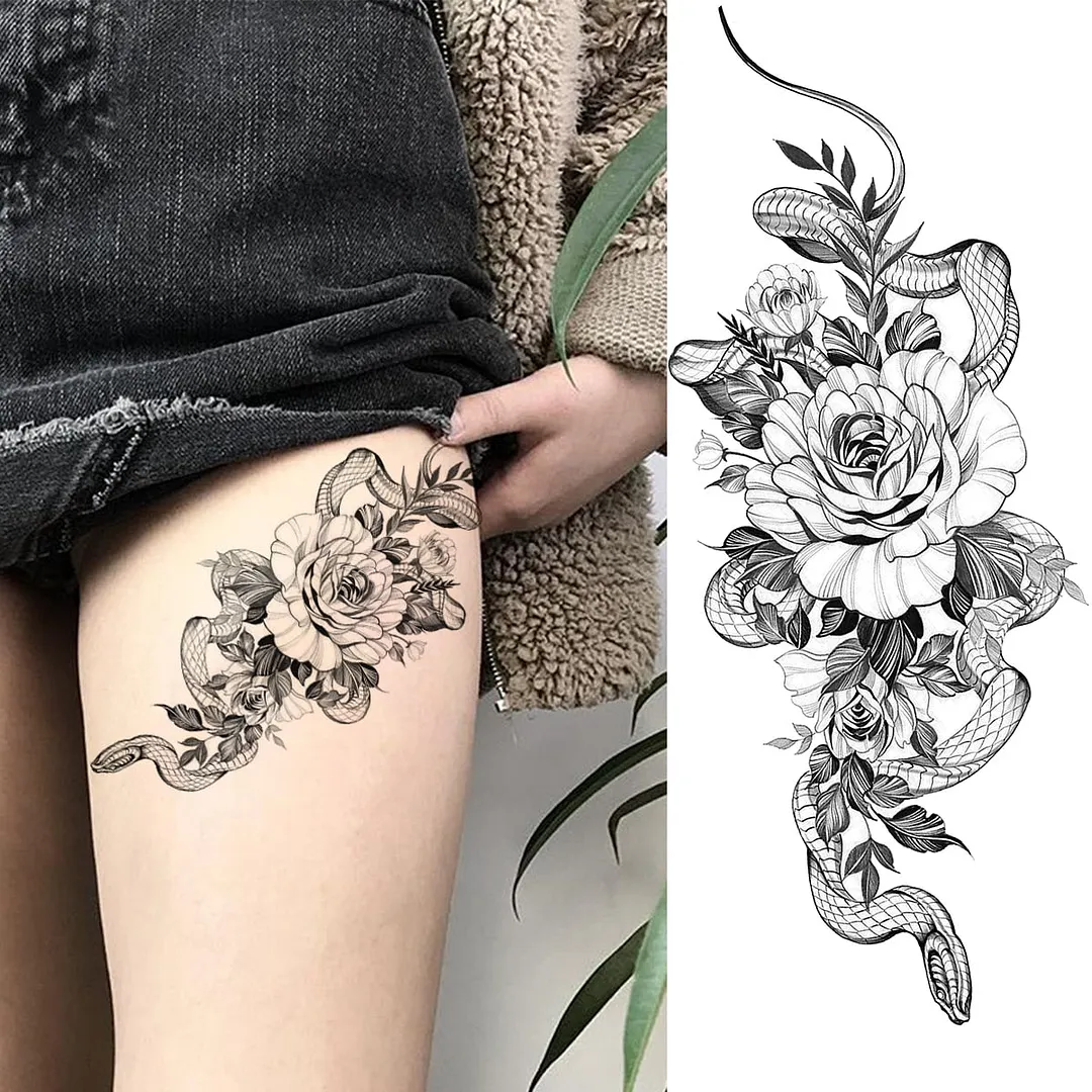 Black Rose Flower Snake Temporary Tattoos For Women Adult Peony Serpent Fake Tattoo Forearm Body Art Painting Waterproof Tatoos