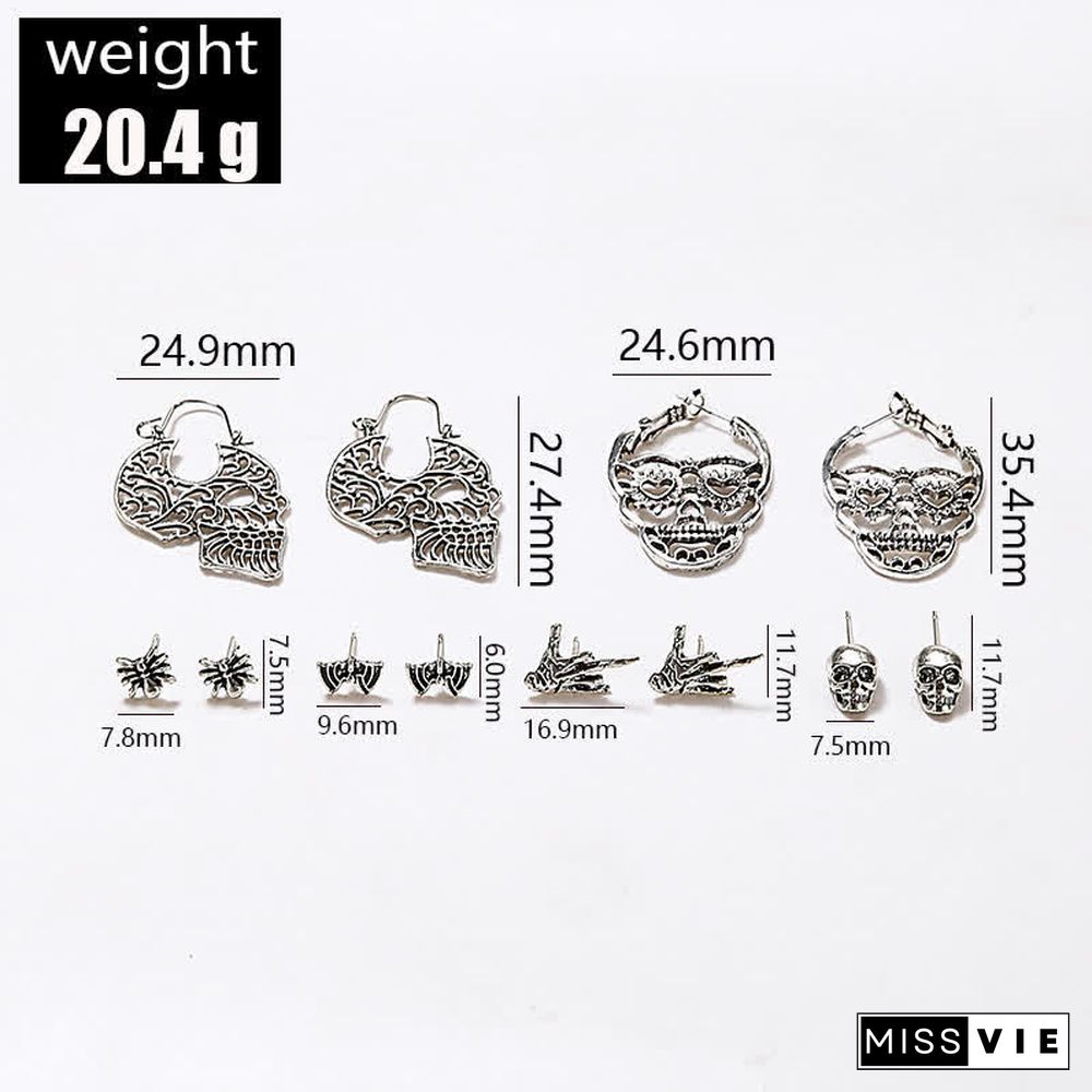6 Pairs Skull Spider Bat Design Stud Earrings