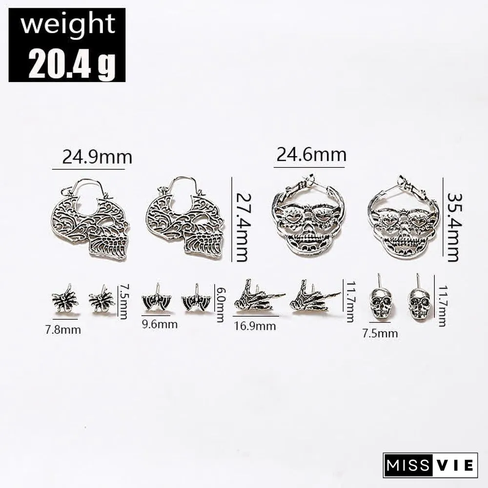 6 Pairs Skull Spider Bat Design Stud Earrings