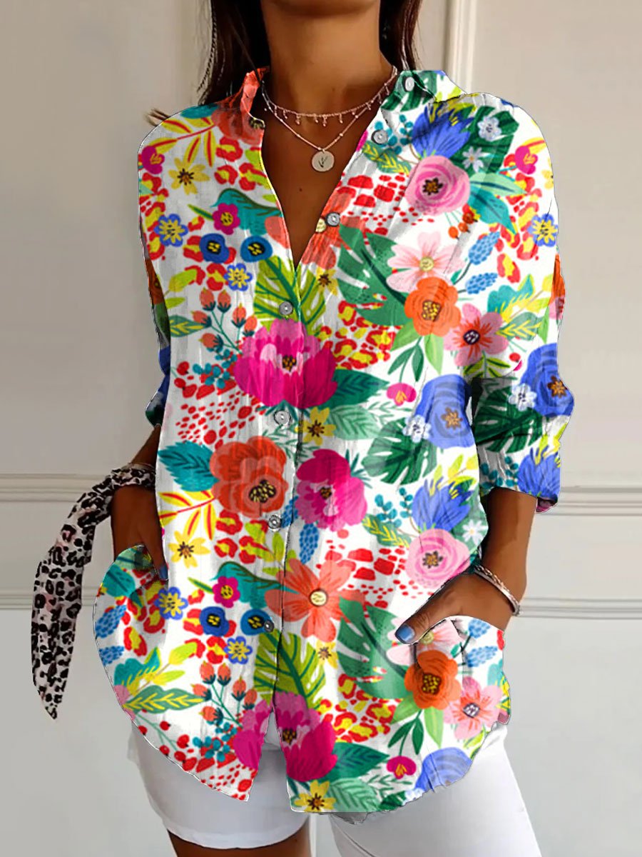 Women's Colorful Floral Art Print Casual Cotton Shirt