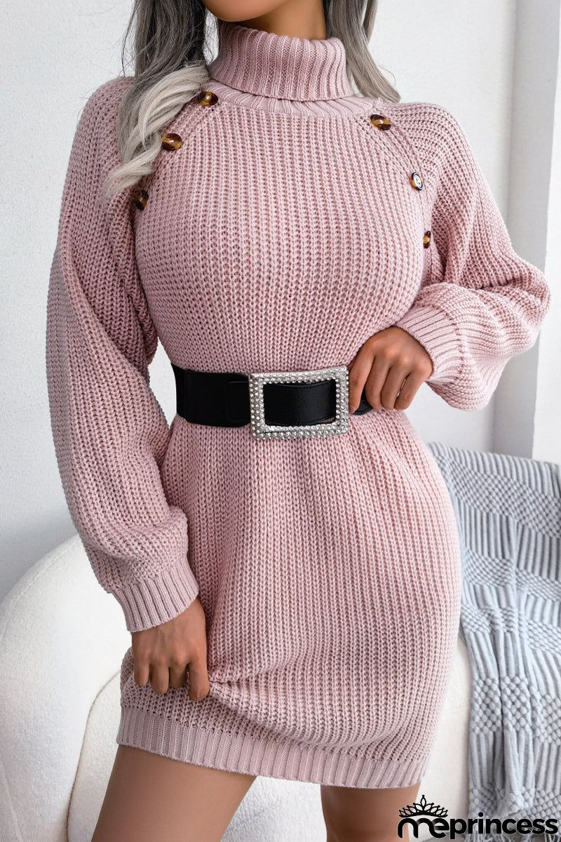 Street Solid Buttons Turtleneck Pencil Skirt Dresses(No Belt)