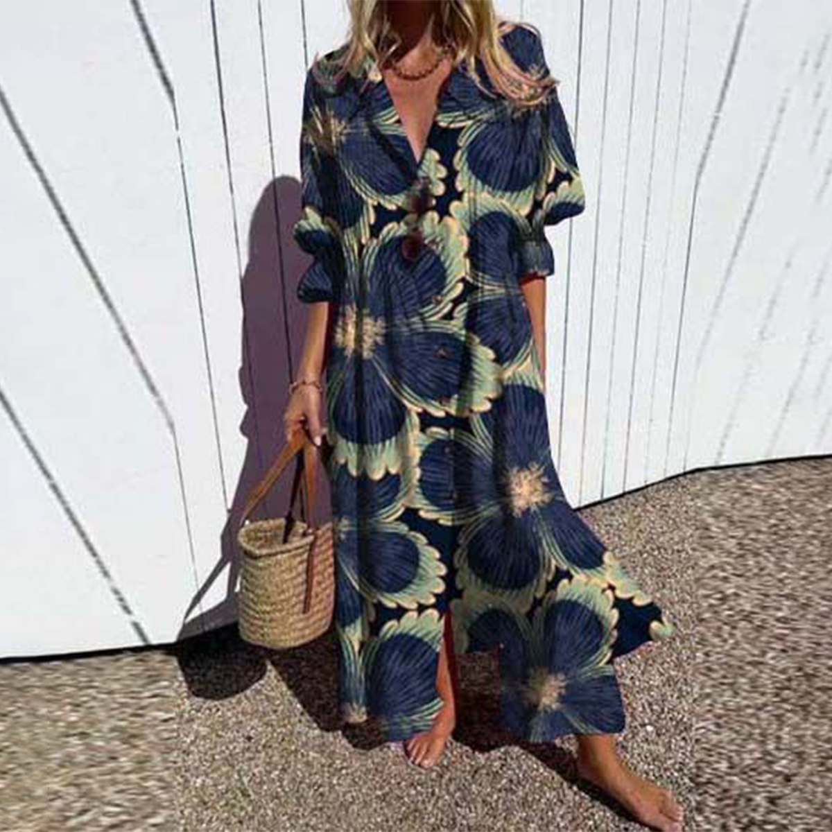 Navy Floral Print Half Sleeve Maxi Dress