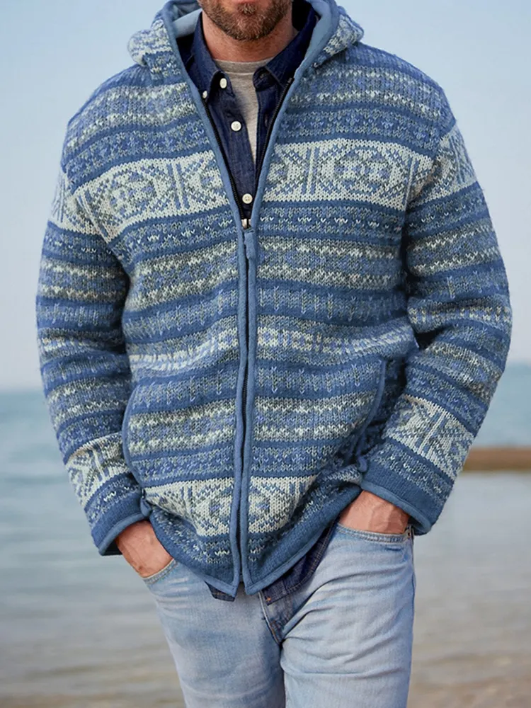 Mens Vintage Fair Isle Knitted Hooded Cardigan