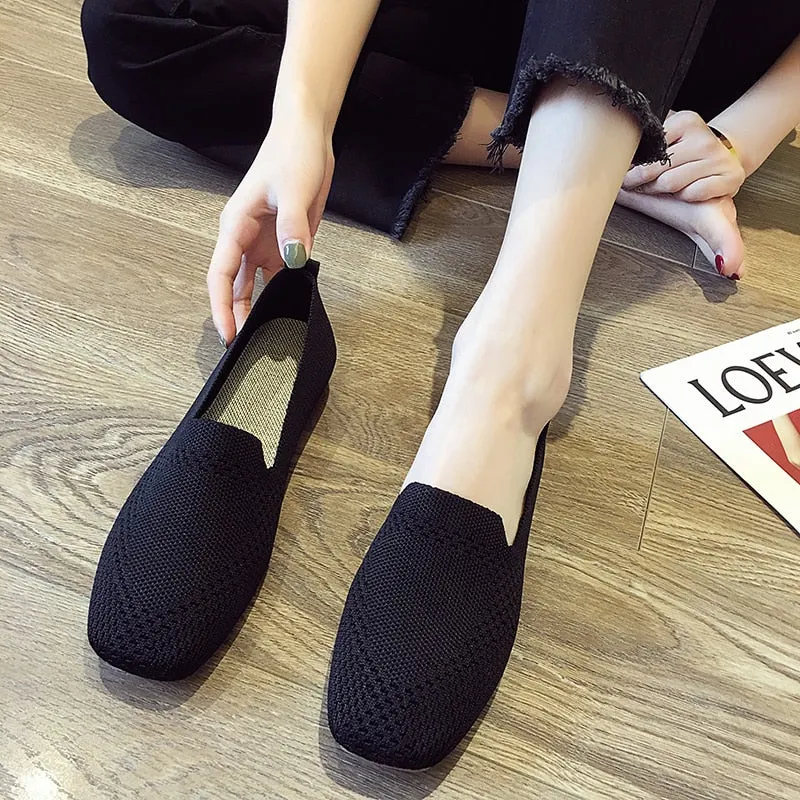 2022 Plus Size Spring New Ballet Flats Women Square Toe Knit Fabric Loafers Breathable Flat Heel Drive Shoes Driving Sneaker