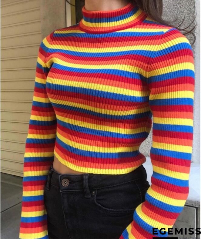 Fall/Winter Turtleneck Color Striped Slim-fit Knit Sweater | EGEMISS