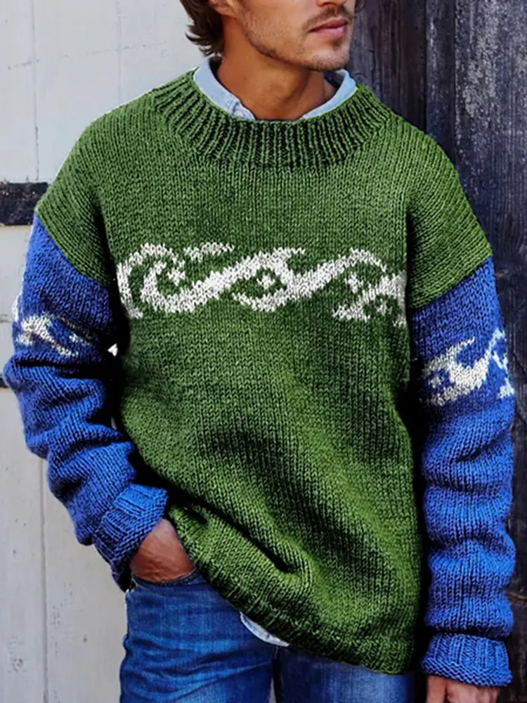 Retro Blue Green Color Contrast Surf Jacquard Sweater