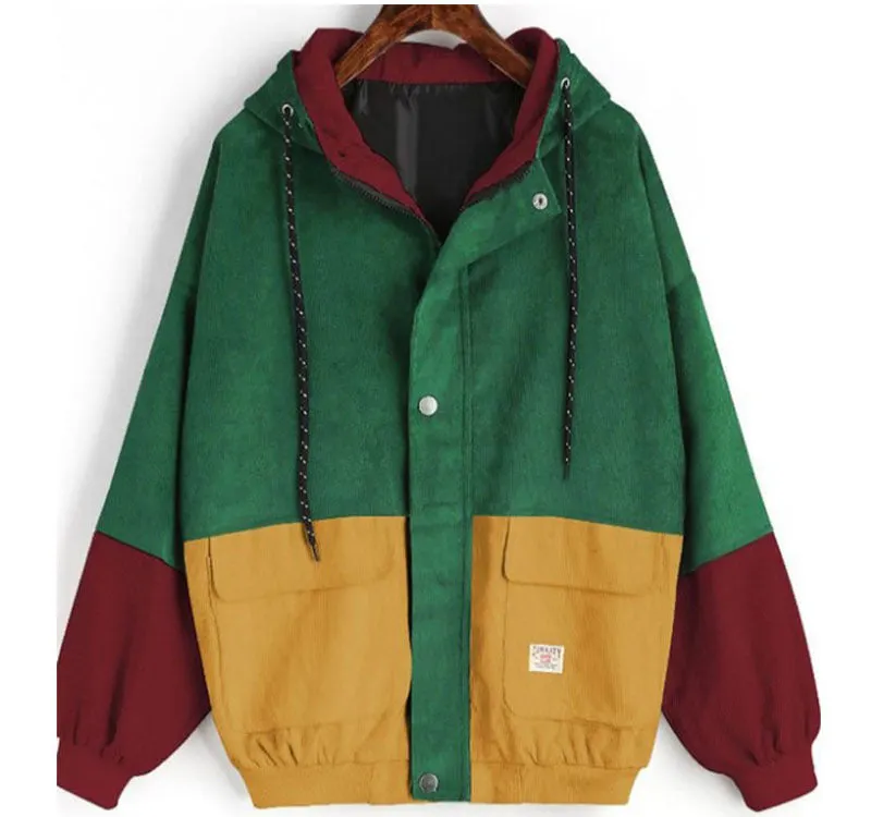 Brownm Loose Color Hooded Corduroy Overalls Coats