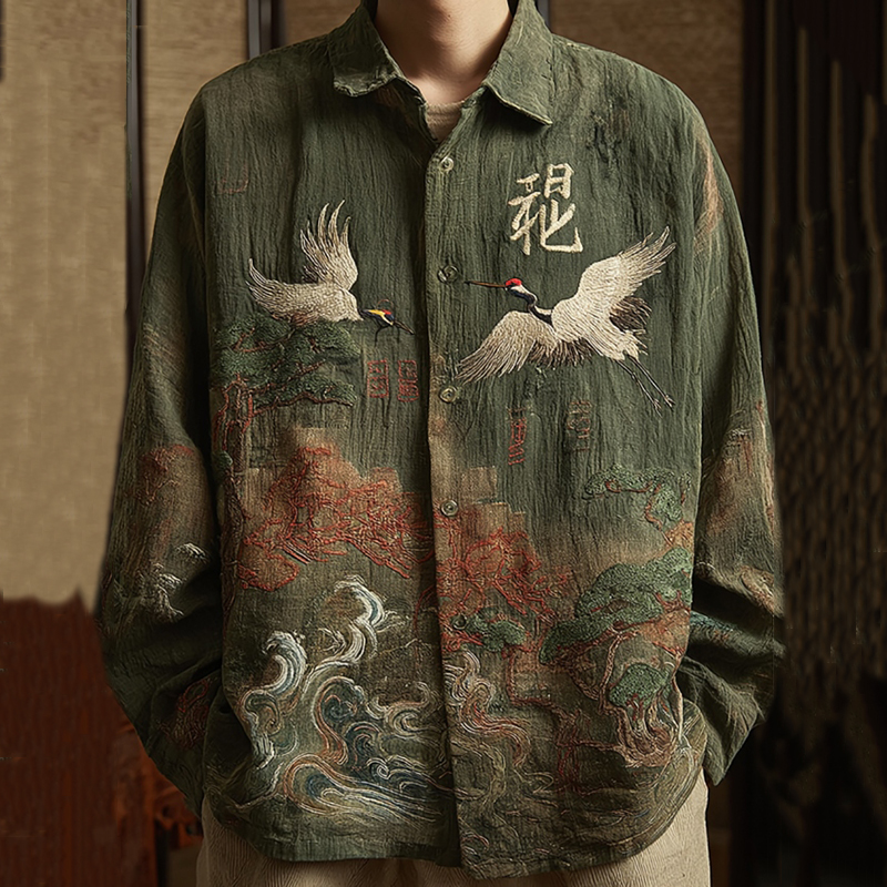 Men's Vintage Japanese Crane And Pine Trees Art Casual Shirt