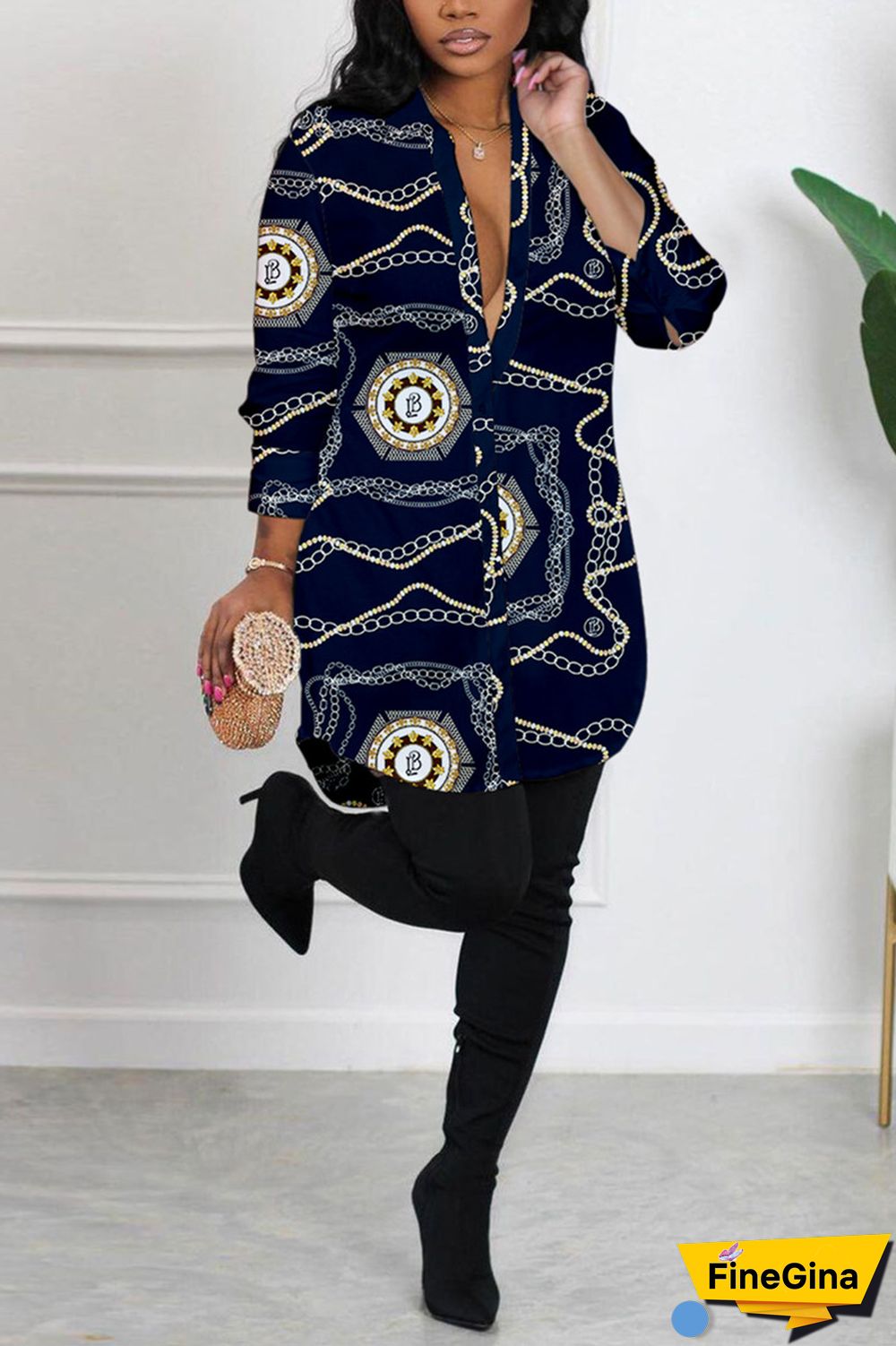Yellow Sexy Casual Print Printing Shirt Collar Shirt Dress Dresses