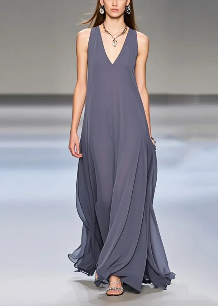 Elegant Grey Exra Large Hem Draping Chiffon Long Dresses Sleeveless Summer