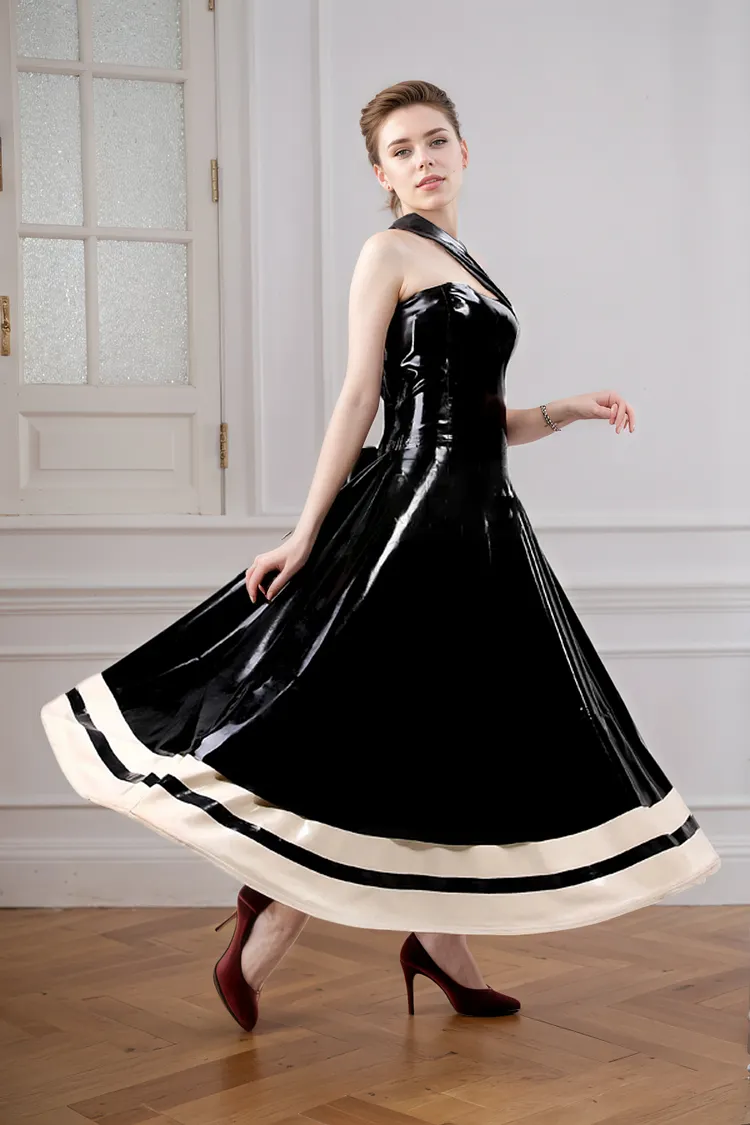 Women Latex Dress Garden of Delight High-Shine Black Dress with Unique One-Shoulder Design Gown 