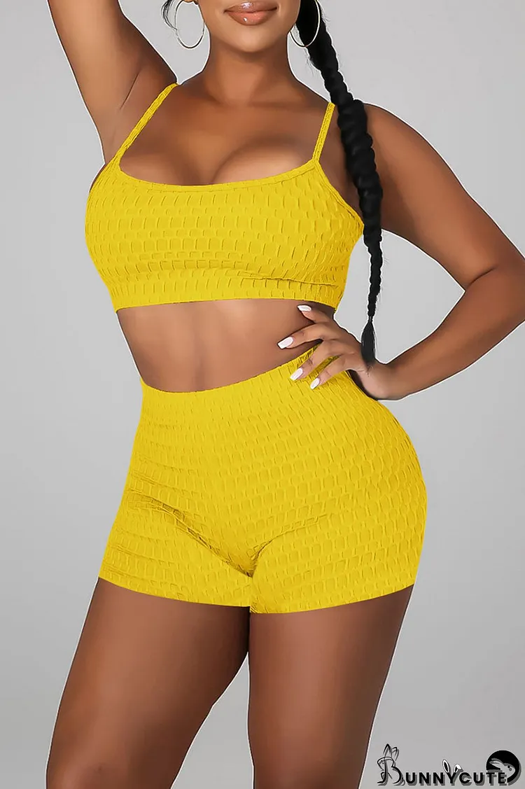 Yellow Sexy Solid Patchwork Spaghetti Strap Sleeveless Two Pieces