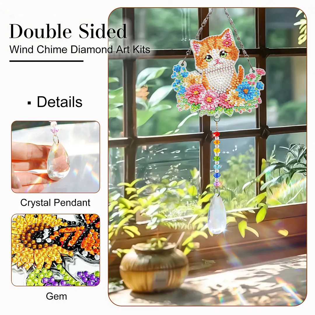 2Pcs Flower Kitten DIY Acrylic Diamond Painting Art Wind Chimes with Crystal Pendant Diamond Art Hanging Pendant Double-Sided for Adults Beginners Gift Home Garden Decor