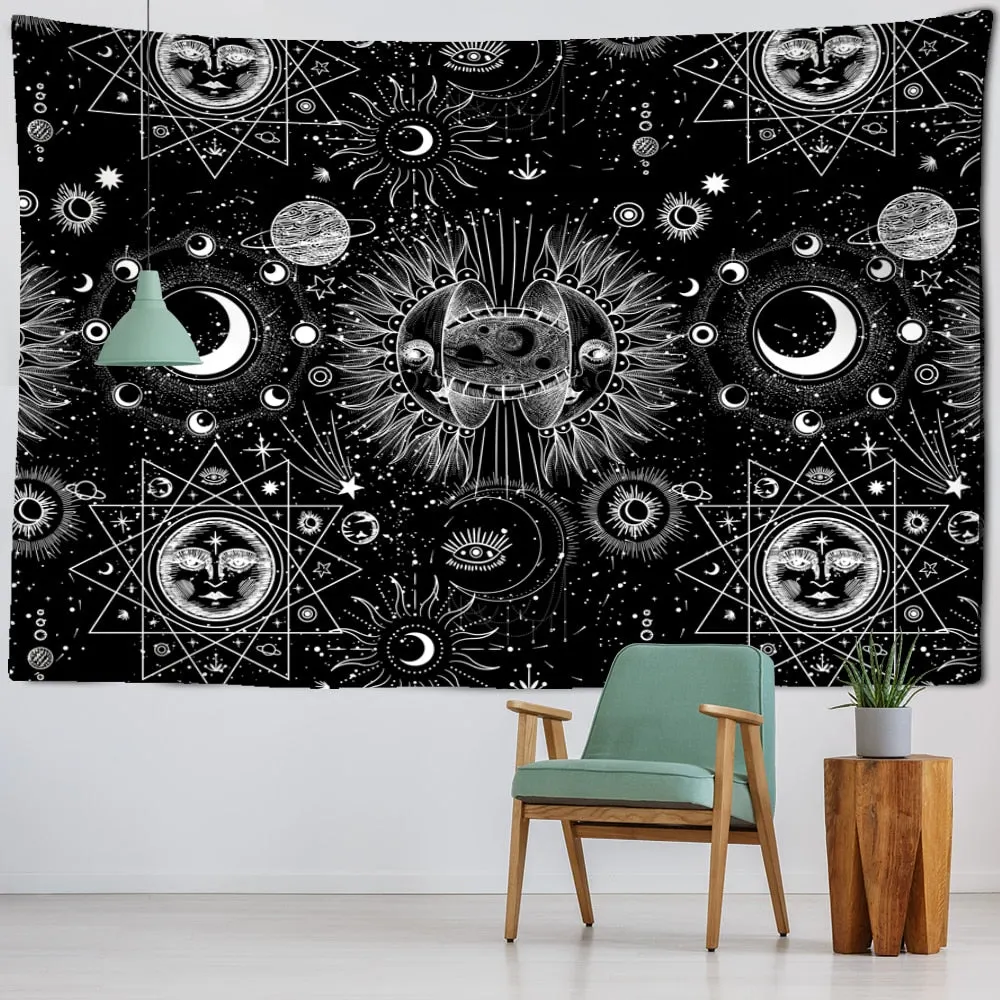 White Black Sun Moon Mandala Starry Sky Tapestry Wall Hanging Bohemian Gypsy Psychedelic Tapiz Witchcraft Astrology Tapestry