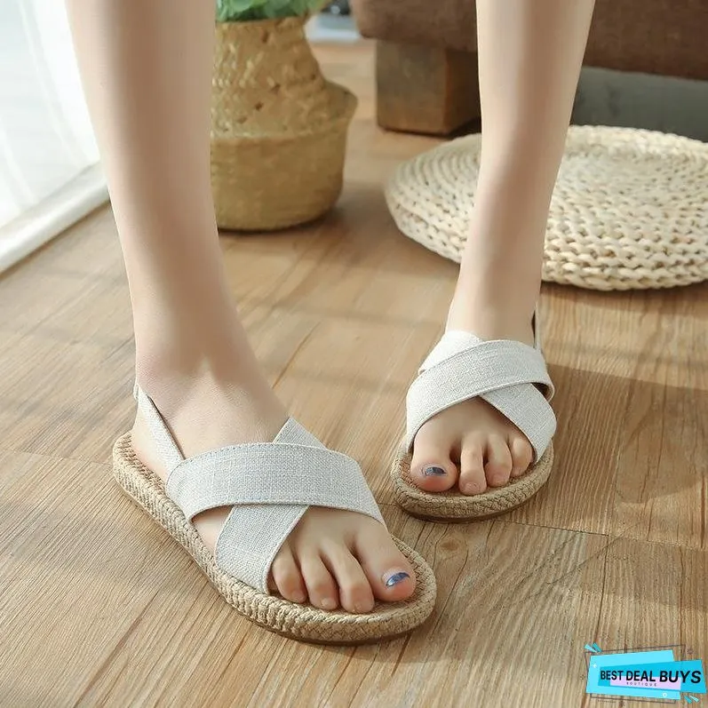 Beach Open Toe Linen Flat Sandals