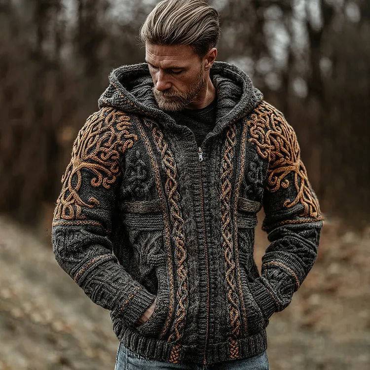 Men's Vintage Viking Celtic Knot Knit Zipper Aran Sweater Hooded Cardigan