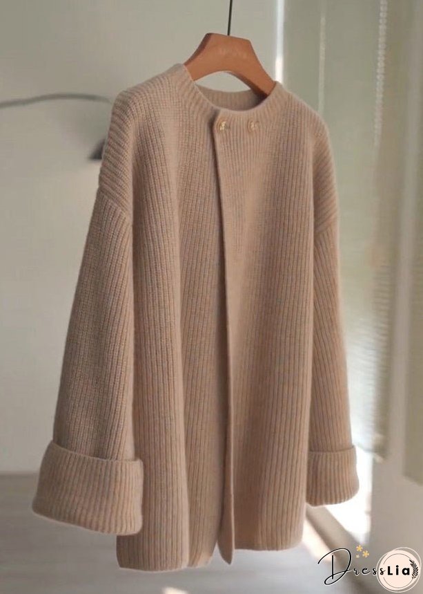 Loose Khaki O Neck Button Patchwork Cotton Knit Tops Fall