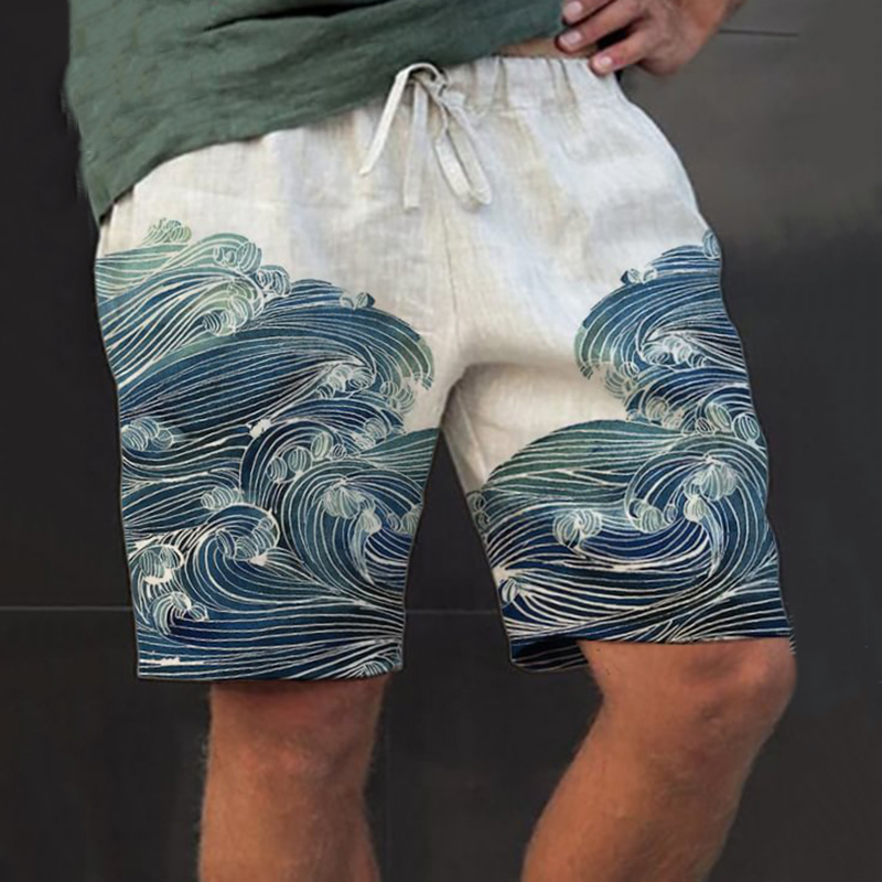 Men'S Wave Japanese Art Print Casual Shorts  artssus