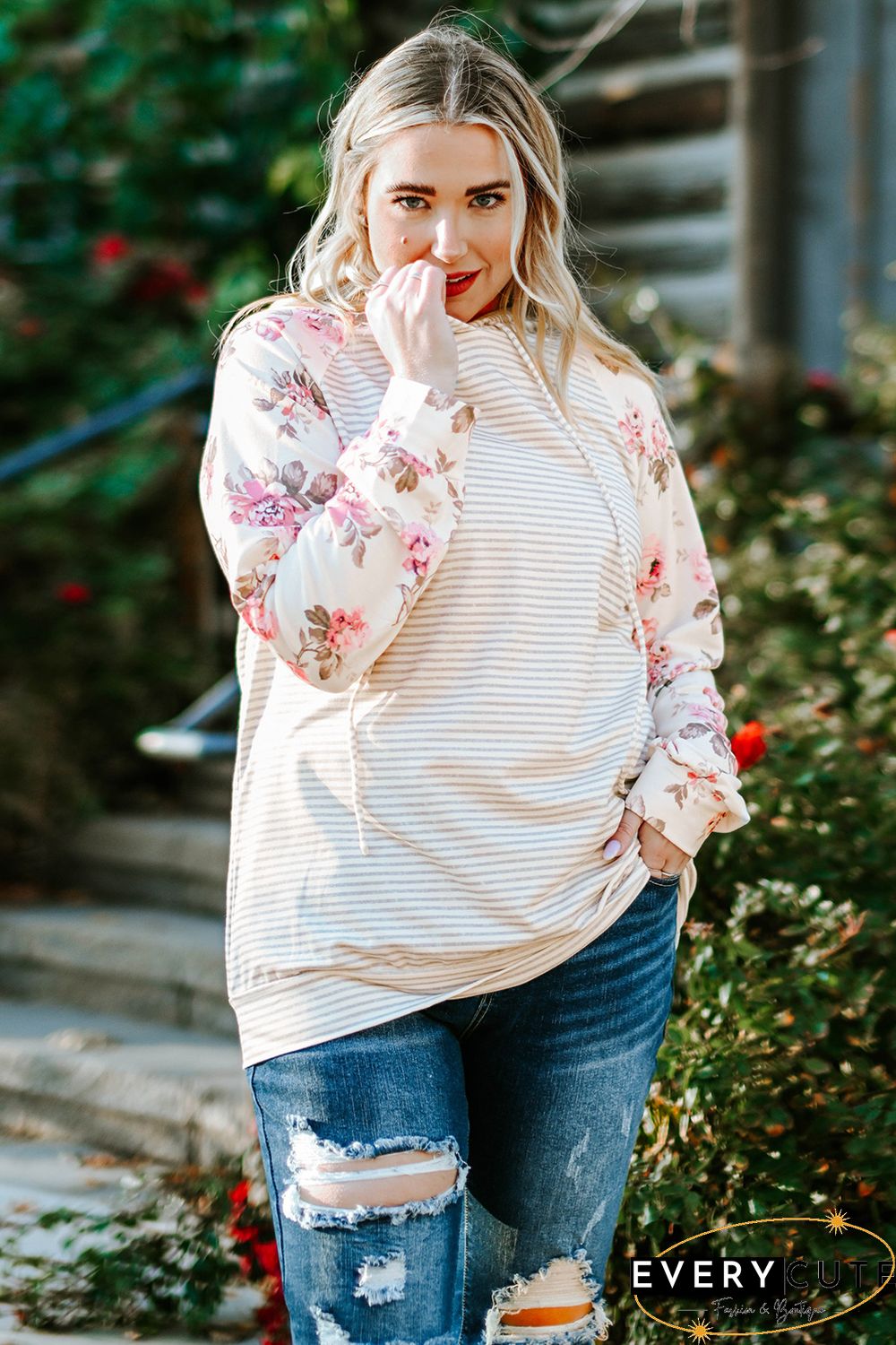 Plus Size Floral Raglan Sleeve Striped Hoodie