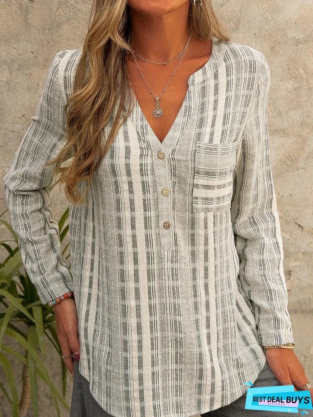 Women's Casual Striped V Neck Long Sleeve Shirt