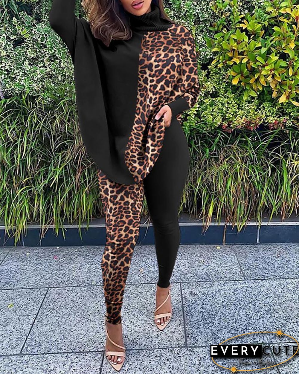 Leopard Print Batwing Sleeve Top & Skinny Pants Set P13124