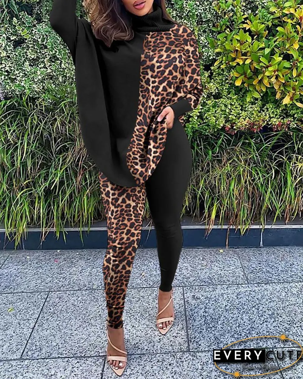 Leopard Print Batwing Sleeve Top & Skinny Pants Set P13124