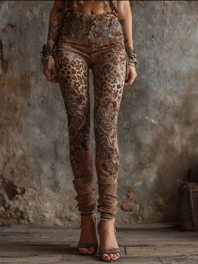 Comstylish Women's Animal Print And Wild Rose Art Casual Slimming Leggings