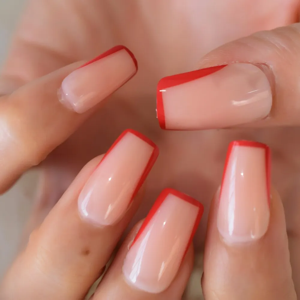 Pearl Shine Glossy Fake Nails Shimmer White Square Ombre French Nail Faux Ongles Gradient Medium Fingernails with Gluetabs-Nail Inspo