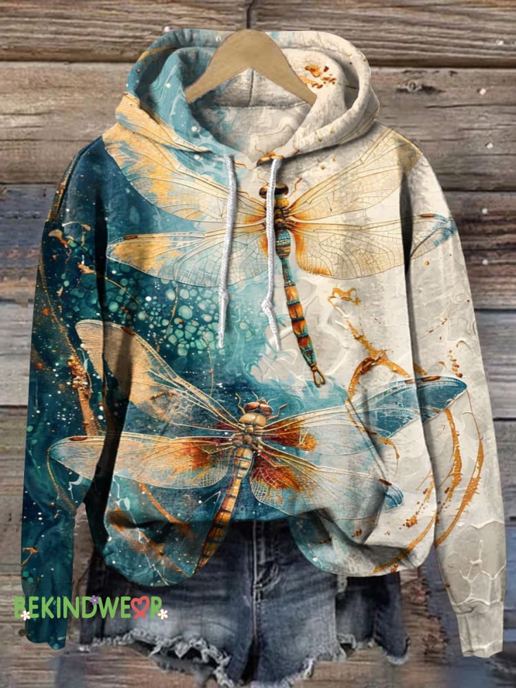 Vintage Dragonfly Gradient Print Casual Hoodie Multicolor / S