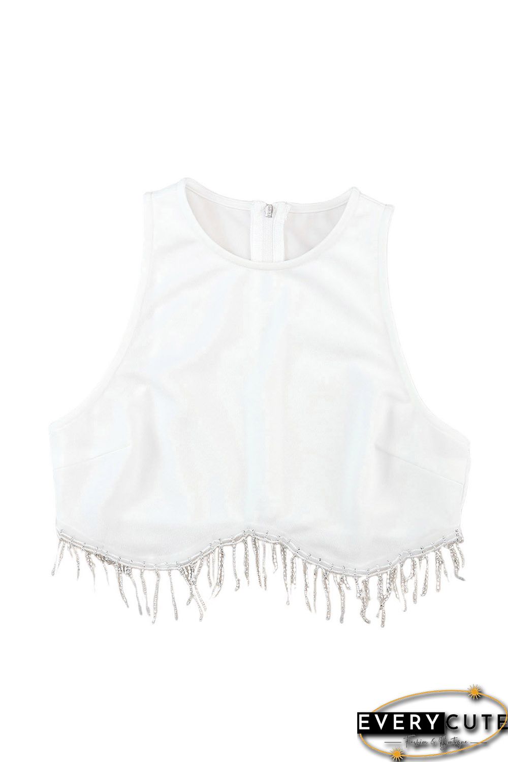 White Rhinestone Fringe Zip Back Round Neck Cropped Tank Top