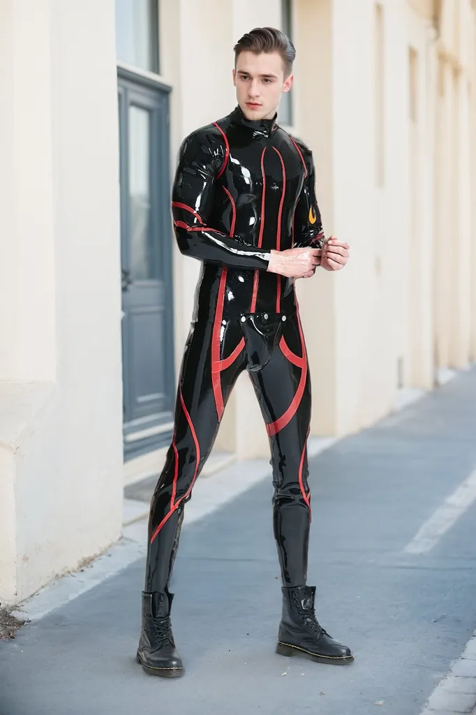 Men Latex Catsuits Shoulder zip Codpiece Black