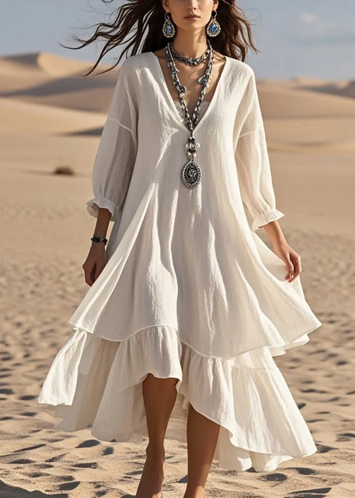 Fashion White Oversized Patchwork Cotton Maxi Dresses Bracelet Sleeve Summer