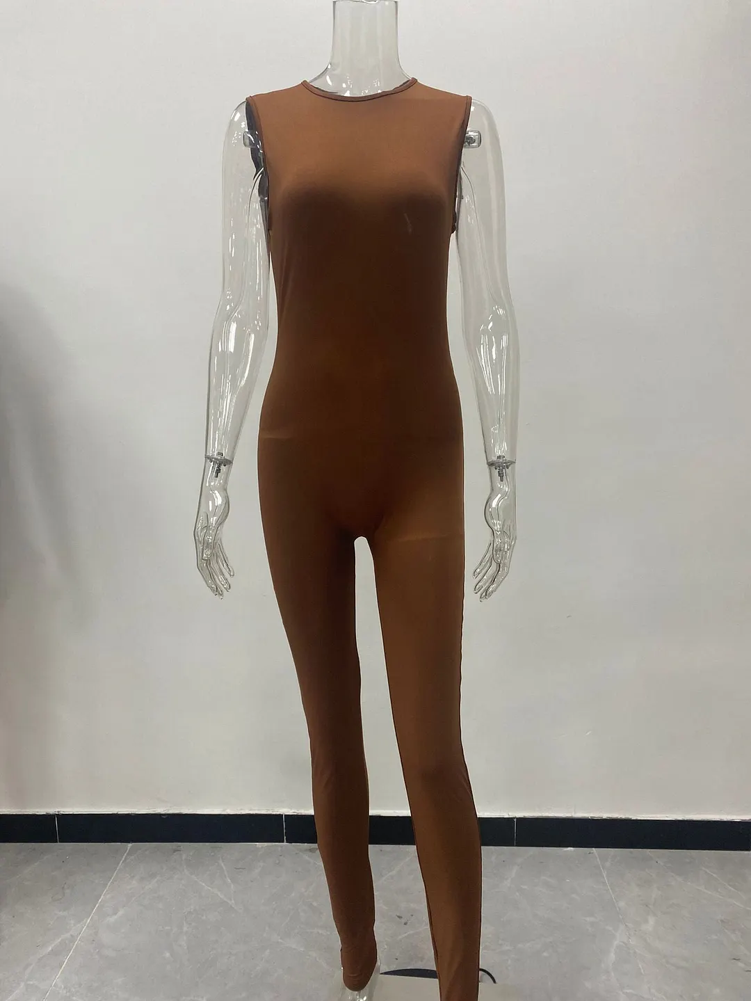 Brownm Suit Summer Polyester Women's Sleeveless Slim High Top Sports Jumpsuit