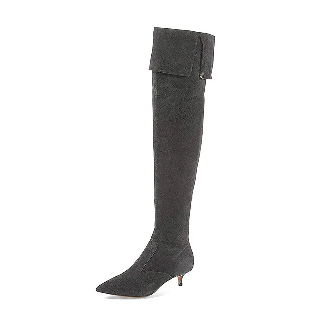 Gray Faux Suede Pointed Toe Over-The-Knee Kitten Heel Boots