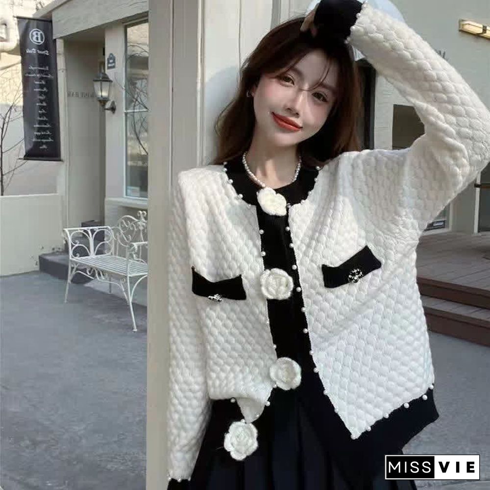Pearl Decor 3D Blossom Button Cardigan Sweater