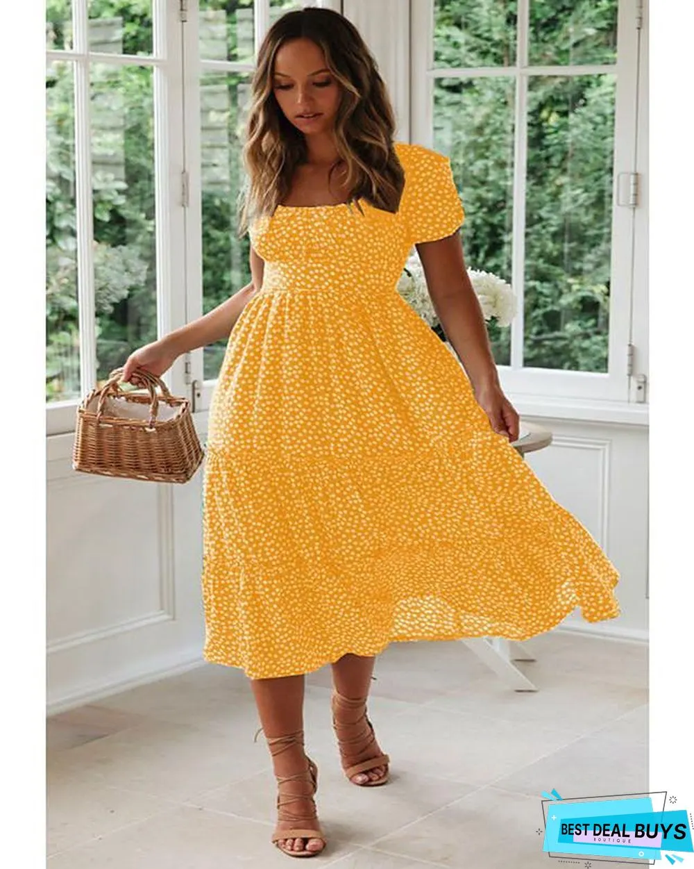Women's A-Line Dress Midi Dress - Short Sleeve Polka Dot Summer Deep U Hot Casual / Daily Boho Black Red Yellow Green