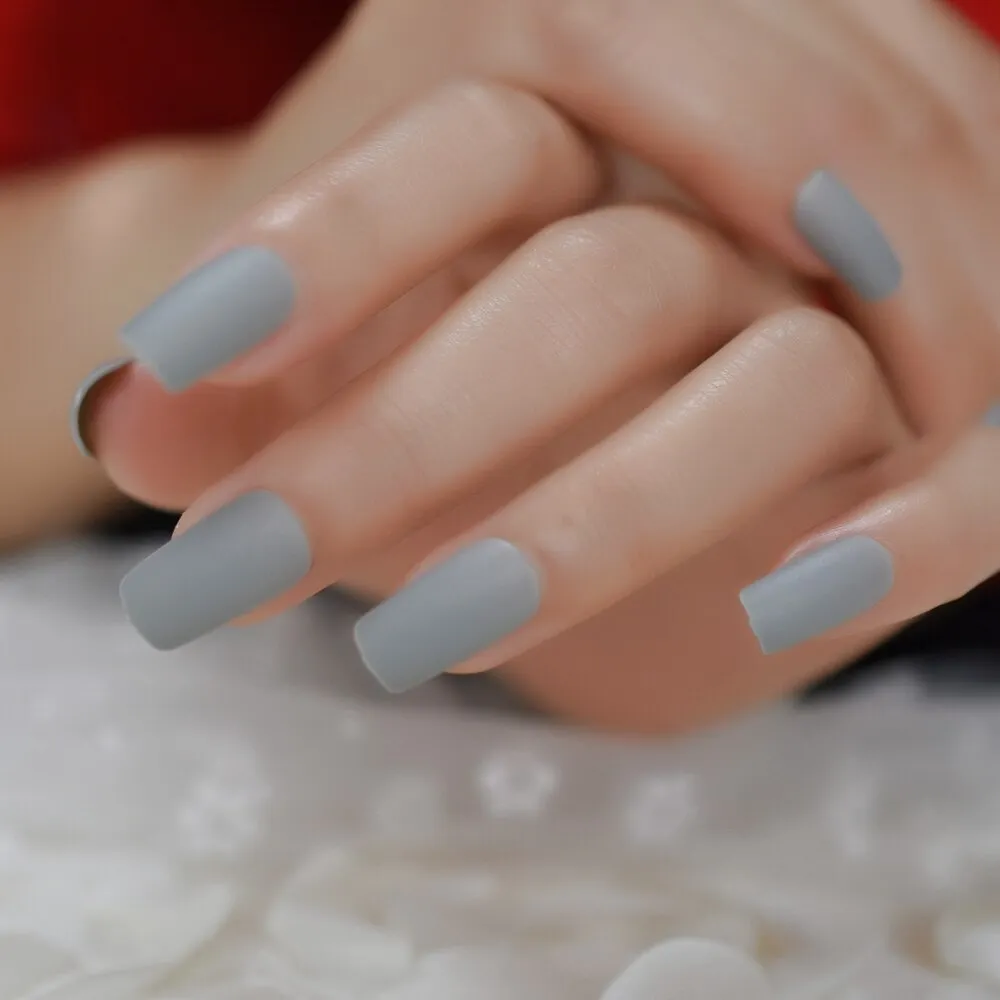 Medium Long Matte Fake Nails White Matt Solid Color Nail Tips Square Acrylic Fignernails 24-Nail Inspo