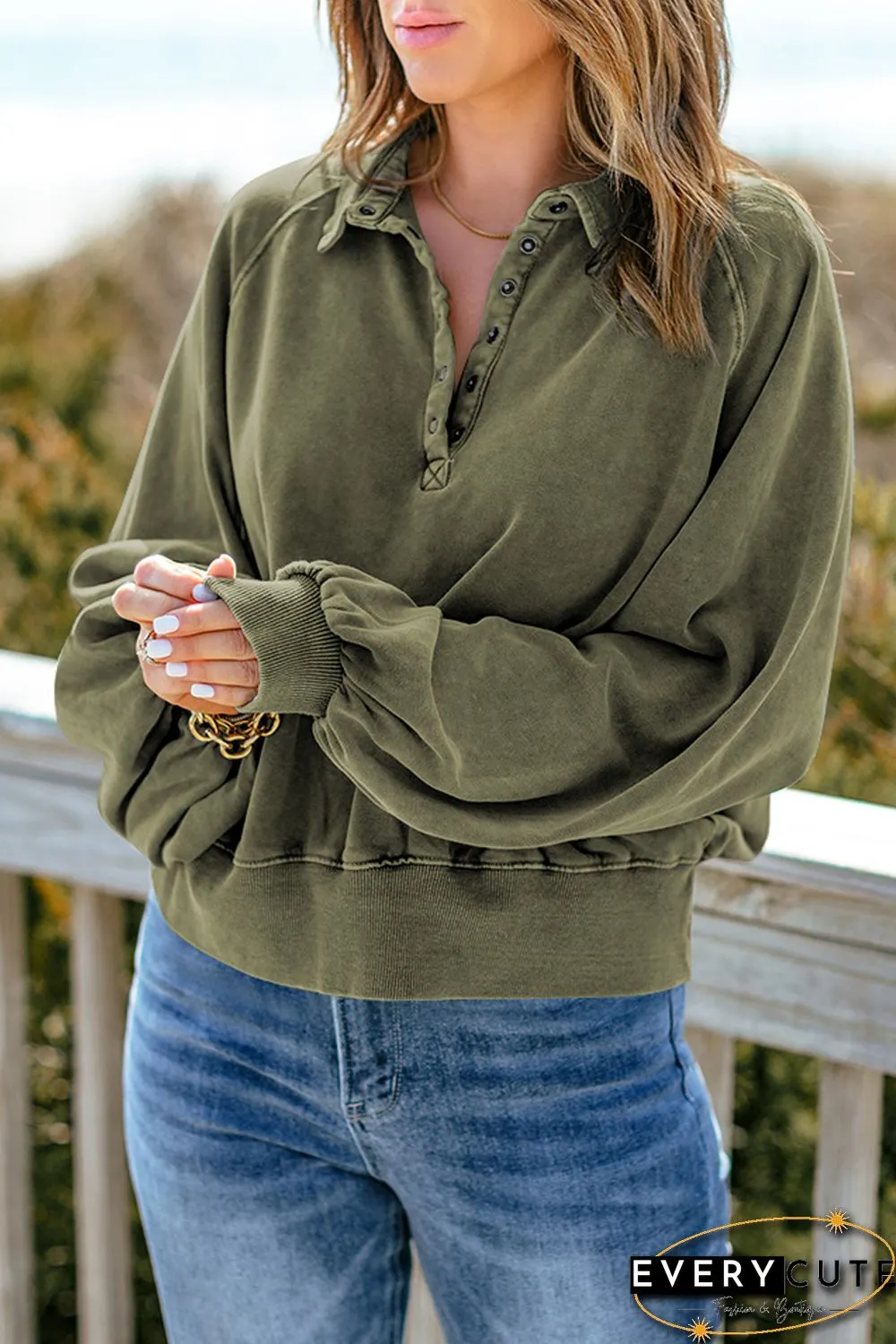 Green Washed Snap Buttons Lantern Sleeve Pullover Sweatshirt