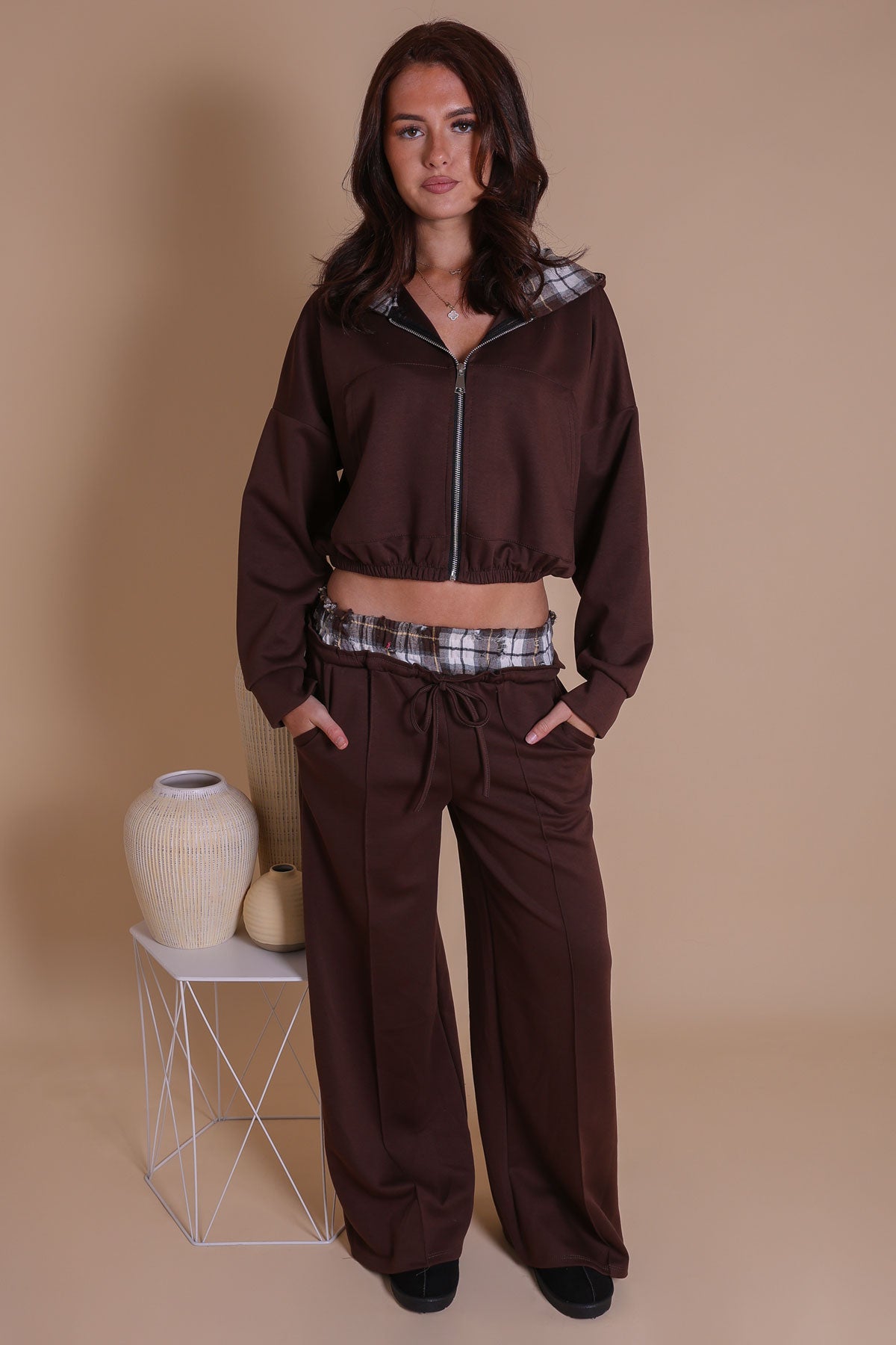 Brown Bomber Zip Lounge Set With Flannel Waistband Design