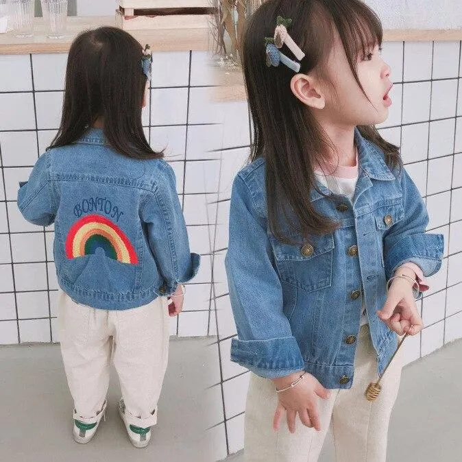 2-7T Floral Denim Jackets For Girls Toddler Kid Baby Girl Spring Clothes Long Sleeve Cute Sweet Back Flower Print Coat Outwear