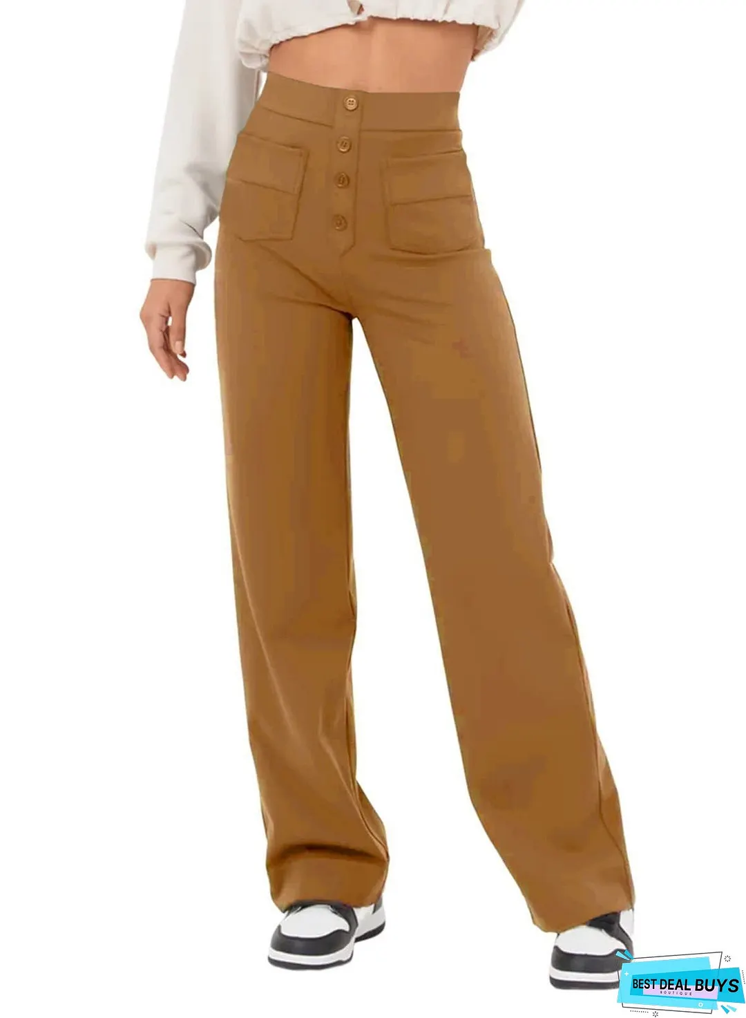 Women's Straight High Waist Button Elastic Band Pants