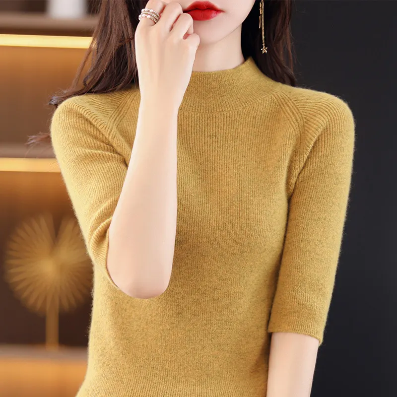 Churchf Churchf Summer Slim Head Five Minute Sleeve Bottom Top New Half High Collar Solid Color Simple Medium Sleeve Sweater Women