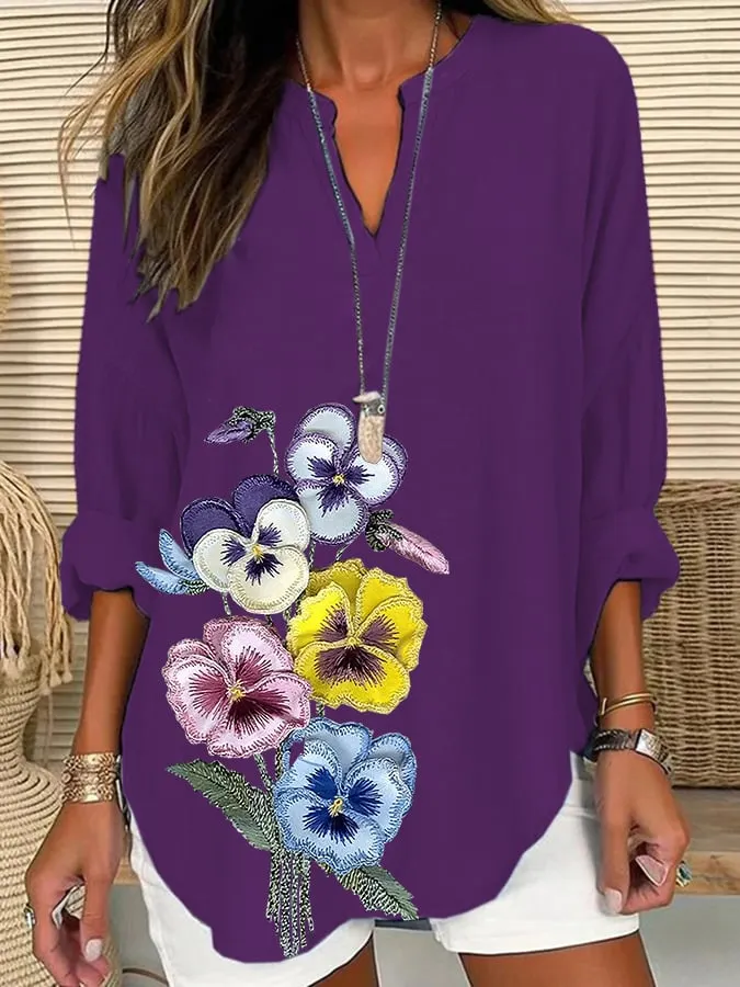 Women's Alzheimer's Floral Print Casual Long Sleeve V-Neck Shirt