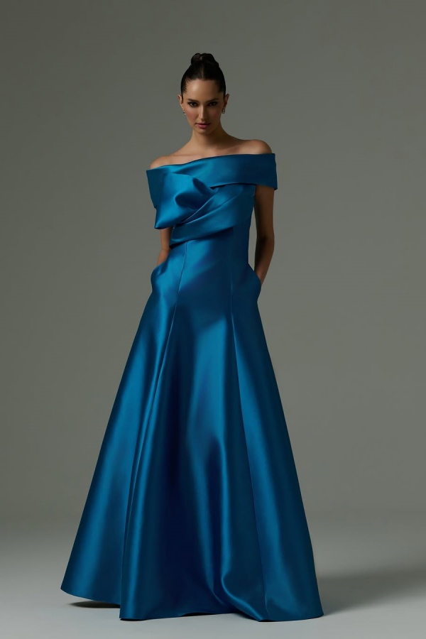 for love and lemons blue and white dress Ocean Blue Puff Sleeves Off the Shoulder Simple Prom Dresses with Pearls  Sash ARD2874 main image 0