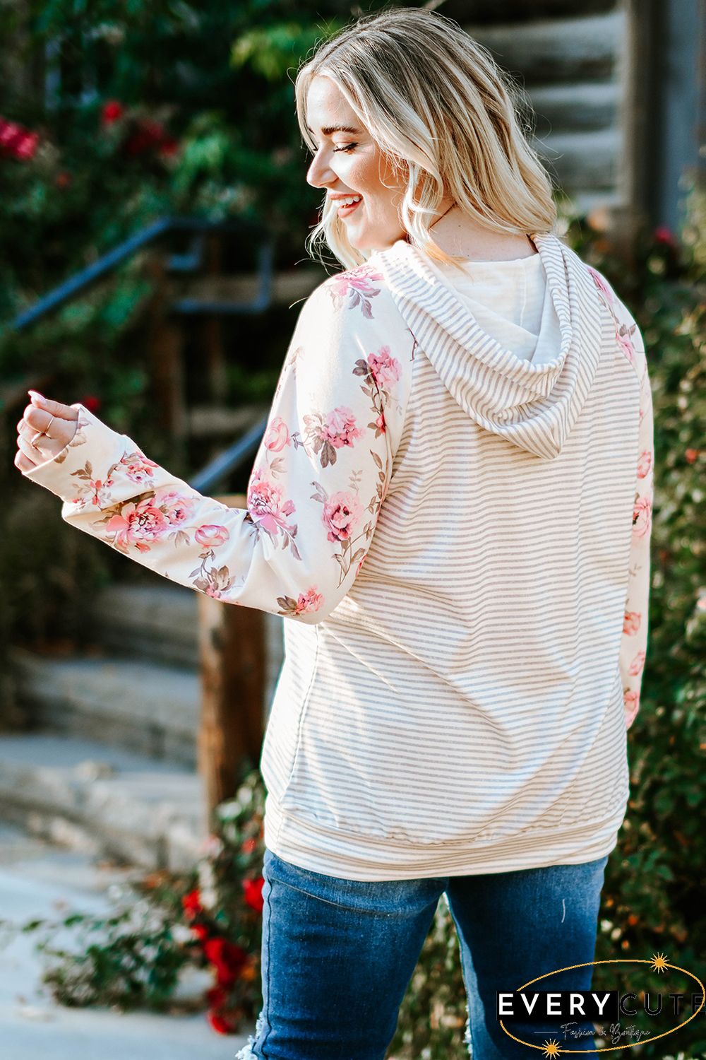 Plus Size Floral Raglan Sleeve Striped Hoodie