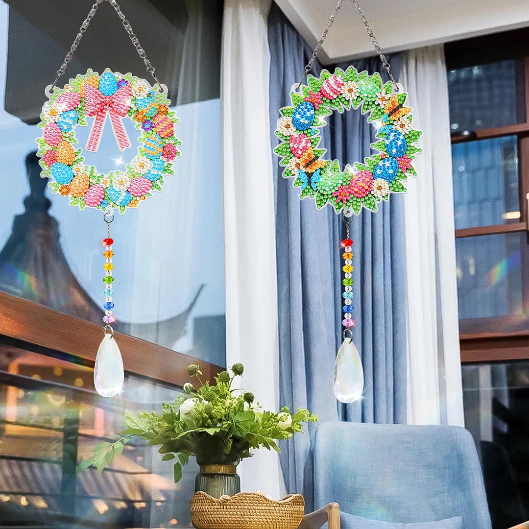 2Pcs Wreath DIY Acrylic Diamond Painting Art Wind Chimes with Crystal Pendant Diamond Art Hanging Pendant Double-Sided for Adults Beginners Gift Home Garden Decor