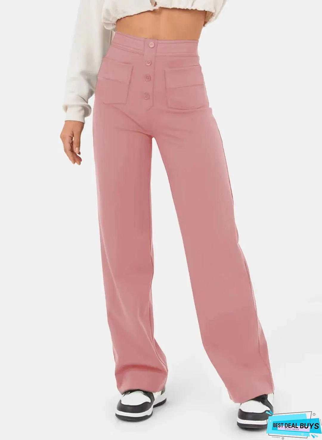Women's Straight High Waist Button Elastic Band Pants