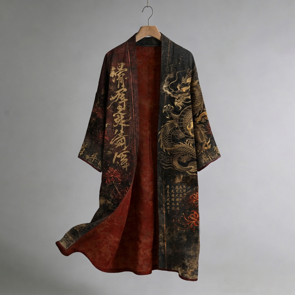 Japanese Vintage Dragon And Calligraphy Art Flowy Linen Long Kimono elevenforest
