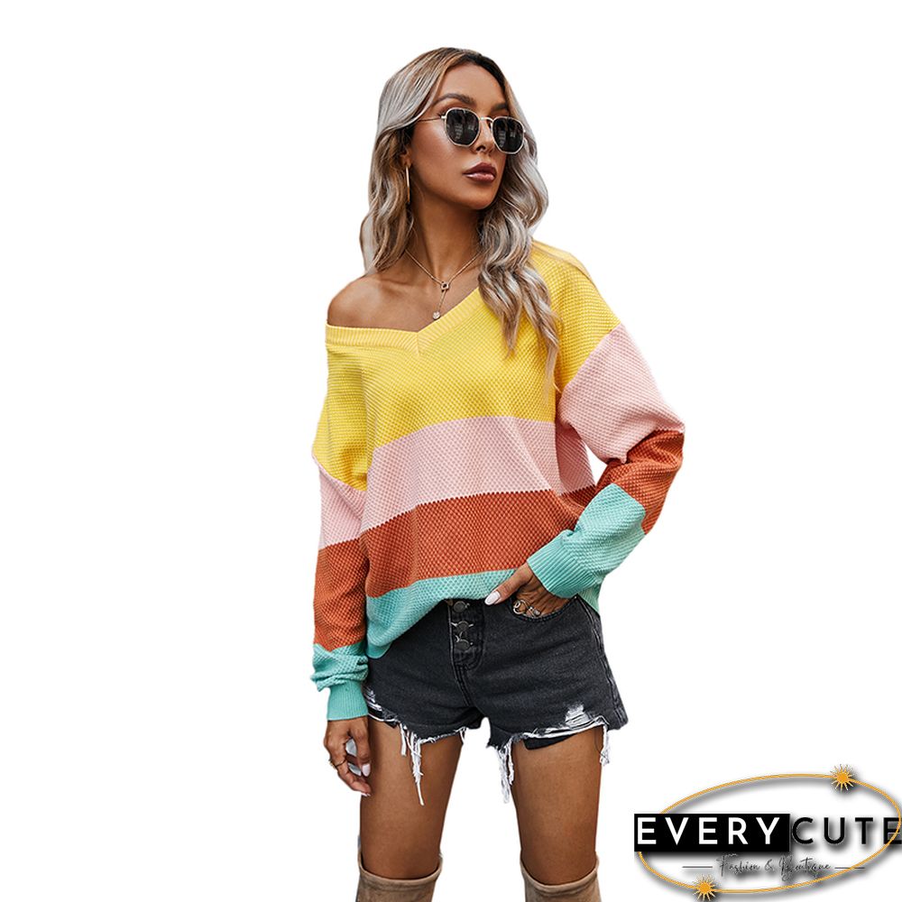 Yellow Colorblock V Neck Pullover Sweater