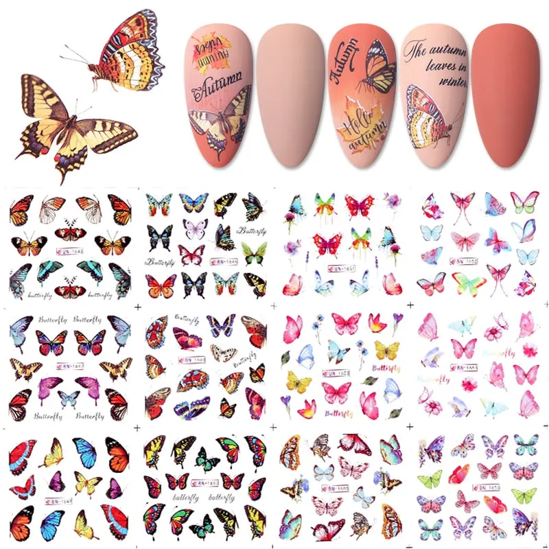 12Pcs Flower Leaf Geometric Lines Water Decals Spring Floral Butterfly Transfer Sliders Paper For Nails Decoration Manicures